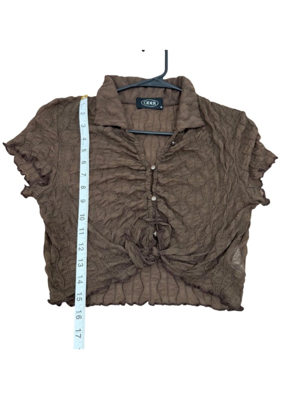Cider Brown Sheer Ruched Button-Up Tie Front Crop Top Size M - Picture 6 of 10